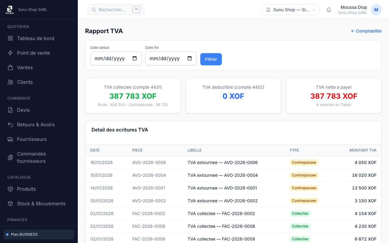 Rapport TVA collectée et déductible